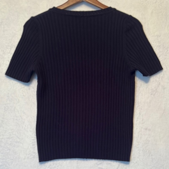 Luisa Spagnoli Navy Ribbed Fitted Knit Short Sleeve Sweater - Picture 3 of 7
